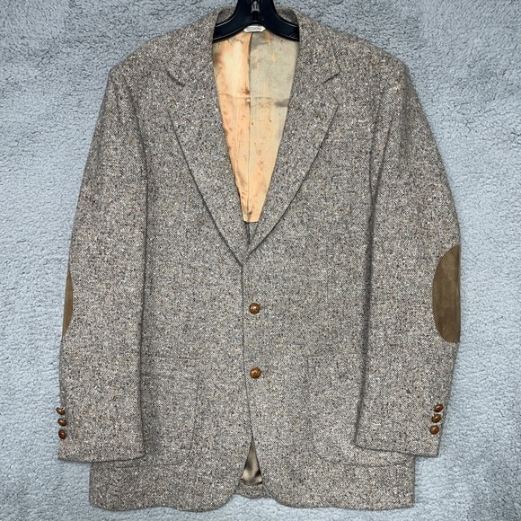 VTG Christopher Hayes Tweed Blazer Mens Sz 42L Beige Wool Coat Patch Made in USA